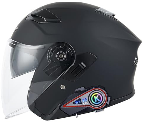 Bluetooth-Motorradhelm Für Damen Und Herren, Klassischer Vintage-Halbhelm Mit Offenem Gesicht Für Cruiser-Stil, Moped, Chopper, Roller, Elektromotorradhelm, ECE-Zertifiziert B,L=59-60CM