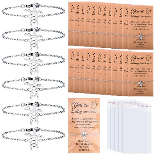 Liliaafar 24 Sets Employees Appreciation Gifts Turtle Bracelets for Women Sea Inspirational Friendship Bracelets with Cards Thank You Gifts for Employee Staff Coworkers(Silver Chain Bracelet)
