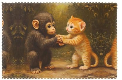 WZYWHJ Set di 6 tovagliette stampate con scimmia e gattino che si tengono per mano, per tavolo da pranzo, 30,5 x 45,7 cm, per feste, cucina, sala da pranzo, lavabile, facile da pulire