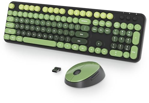 Vumilstek Black Green Keyboard and Mouse Set Wireless, American QWERTY Retro Typewriter 2.4GHz Full Size Round Keys with Number Pad for Students Home Office PC Laptop(Dark Green)