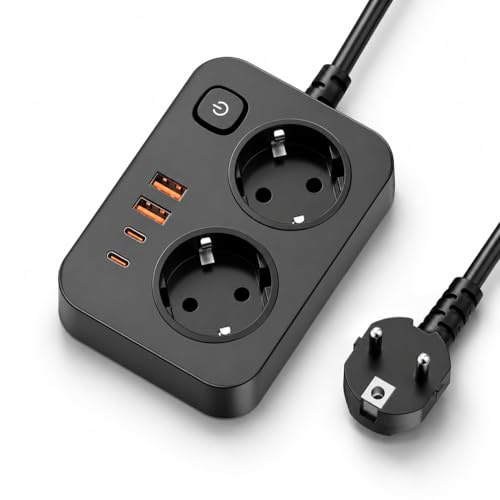 EYMUOBC Regleta Enchufes 6-en-1 con USB-C Carga Rápida y Protección Sobretensión, 2 Enchufes con Interruptor y 4 Puertos USB(2 USB-C&2 USB-A), Cable Alargador 2M, para Casa, Oficina y Viajes