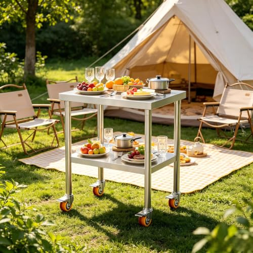YRHome 4 Räder Edelstahl Arbeitstisch Küche Höhenverstellbar Mobile Doppelschicht Werkbank Grillwagen BIS 300KG Edelstahltisch Für Restaurant Schule Campingparty - L - 85x 61x 60cm (LxBxH)