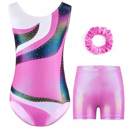 Body Ginnastica Artistica Bambina Ragazze - Body da Ginnastica Ragazze a Maniche Lunghe e Senza Maniche con Colori Sfumati Pantaloncini e Fascia per Capelli, Atletica Body per Bambini 5-14 anni