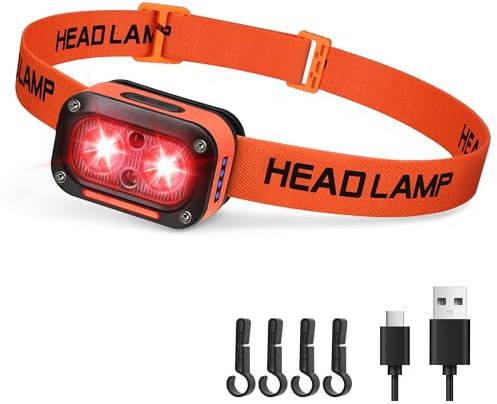 DARKBEAM Faro LED rojo de doble luz de alto brillo recargable por USB Luz roja frontal para casco rígido con sensor de movimiento, ajustable arriba/abajo, impermeable, lámparas frontales para