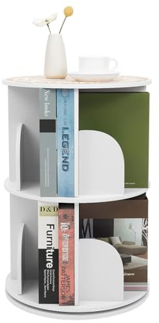 TTISJHK 2 Etagen Drehbares Bücherregal Rund Weiß, 360° Rotierendes Standregal aus PVC, Modernes Bücherständer mit 8 Fächern, Platzsparendes Aufbewahrungsregal für Wohnzimmer Kinderzimmer Büro