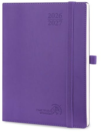 POPRUN Agenda 2026 2027 Semana Vista, Tapa Blanda, Medio 22,5 x 16,5 cm | 17 Meses, Ago.2026 a Dic.2027, Cuero Vegano, Portabolígrafos Autoadhesivo, Papel 80 GSM, escolar, Violet