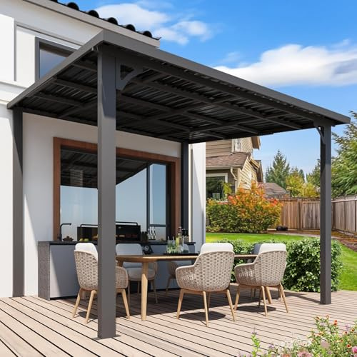UNIONLINE 3x3m Gartenpavillon, Terrassenüberdachung für Terrasse, Schwarz | Hochwertiger Wandmontierter Leaning-to Metall-Pergola, Verzinkter Stahl Terrassendach & Metallmarkise