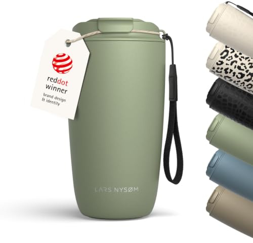 LARS NYSØM Taza térmica café para llevar con correa y Tapa Tritan | Termo Café de 0,5 litros con aislante | Travel mug de acero inoxidable a prueba de fugas (Sage Green, 500ml)