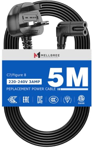 Power Cable Compatible with Samsumg TV 5M, Mellbree Quality Safe Right Angle Suitable for Awkward Space Figure 8 Power Cable Compatible with Samsung, LG, Panasonic TV Black