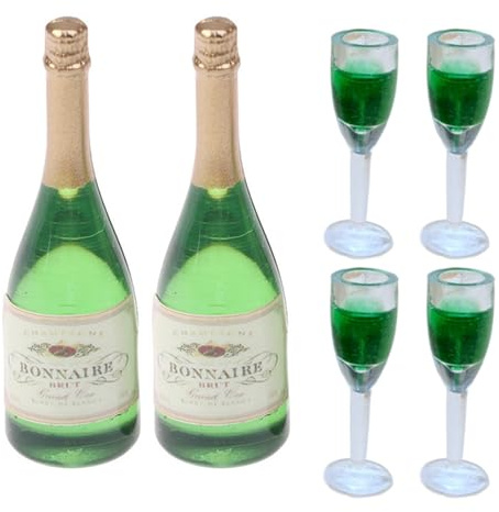 BeVistoso Juego de 6 Unidades de Mini Copas de Vino y Mini Botellas de Vino, miniaturas realistas de PVC para casa de muñecas, Decoraciones de Escena de Cocina