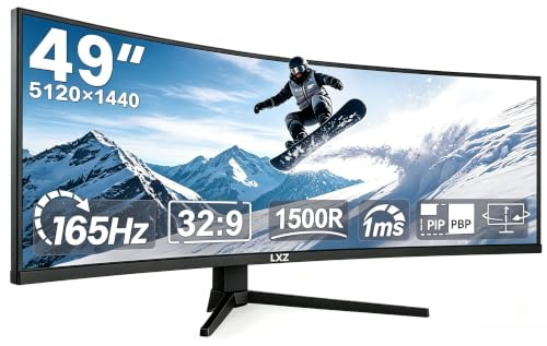 LXZ 49 Zoll Curved Gaming Monitor 165 Hz, 5120 x 1440P DQHD Ultrawide Curved Monitor, 1500R 32:9 Computer Monitor with FreeSync&G-Sync, Height-Adjustable, HDMI 2.1 & DP 1.4, VESA 75 x 75 mm