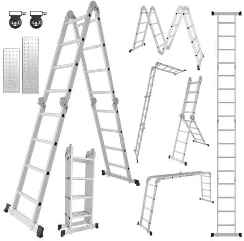 Monucep 7 in 1 Mehrzweckleiter 4x4 Stufen 470 cm aus Aluminium bis 150 kg | Multifunktionsleiter als Klappleiter, Gelenkleiter und Vielzweckleiter für den Haushalt, mit 2 Plattform und Rollen
