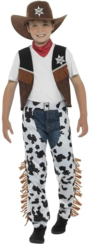 Smiffys texan cowboykostym, brun med hatt, slips, väst, emblem och chaps, pojkar maskeradklänning, barn utklädnad