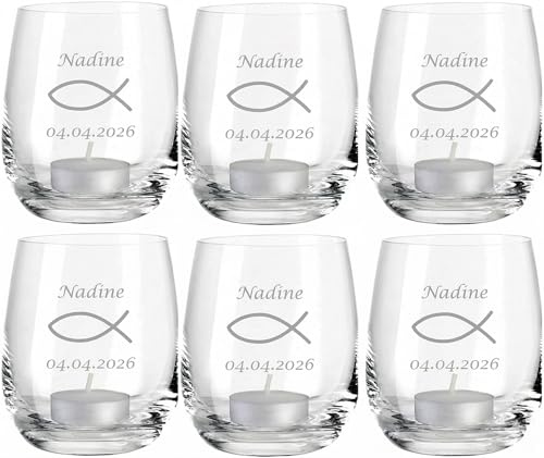 4you Design 6-er Glas Fisch mit Gravur Datum und Name zur Konfirmation, Firmung, Kommunion oder Jugendweihe, Windlicht für Teelichter, Wasserglas, Tumbler Personalisiert