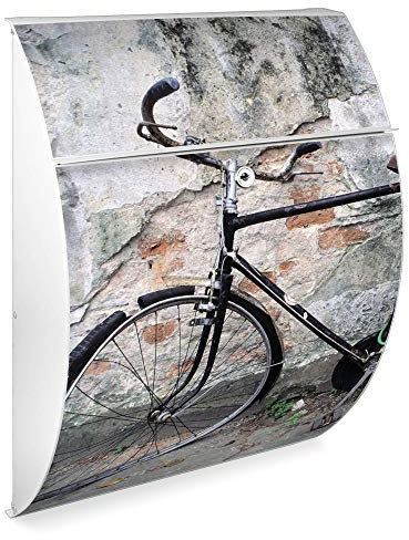banjado Design Briefkasten - Modell Riviera 46x33,5x13cm groß - verzinkter Stahl weiß - Postkasten Öffnungsstopp großer A4 Einwurf Zylinderschloss 2 Schlüssel - Motiv Nostalgie Rad