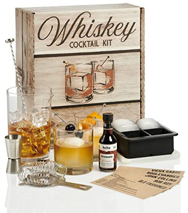 Whiskey Cocktail Kit: Rocks Drinking Glass Set, 750ml Crystal Mixing Glass, Ice Cube Mold, Stainless Bar Spoon Muddler, Strainer, Jigger, Garnish Picks, Bitters, Recipes Cards for Old Fashioned & More