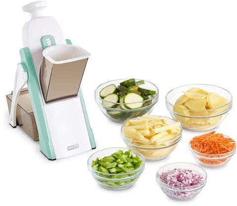 Dash Safe Slice® Mandoline - Compact, Foldable Food Slicer - Slice, Dice, Julienne & More - Perfect for Quick Food Prep - Recipe Guide Included - Aqua