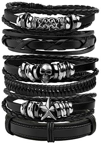 Manfnee 6PCS Geflochtenes Kunstlederarmband Punk Cuff Wrap Armbänder für Männer Frauen Verstellbar