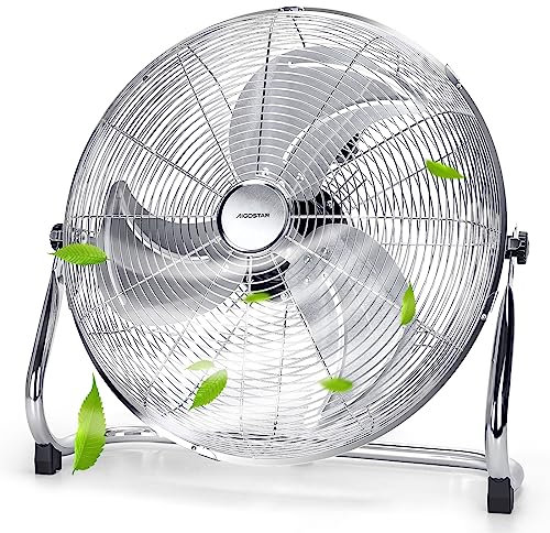 Aigostar Ventilatore da Pavimento Potente 51 cm, 3 Pale in Alluminio Cromato, 100W, 3 Velocità Regolabili, Oscillazione 135°, Motore in Rame, Griglia Rinforzata, Maniglia Portatile, Base Antiscivolo