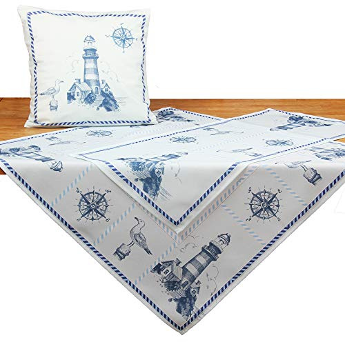 Quinnyshop Gedruckt Leuchtturm Maritim Tischdecke Mitteldecke ca. 85 x 85 cm Polyester, Blau