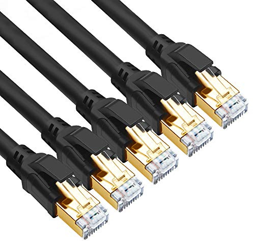 Yauhody CAT 8 Ethernet Cable 0.5m 5Pack, High Speed 40Gbps 2000MHz SFTP Internet Network LAN Wire Cables with Gold Plated RJ45 Connector for Router, Modem, PC, TV, Hub, Laptop (0.5m, Black-5PACK)