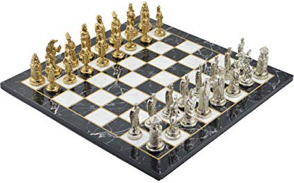 Metall-Schach-Set für Erwachsene, Ottomane vs Ottomane Figuren, handgefertigte Stücke und Marmor-Design, hölzernes Schachbrett King 6,5 cm