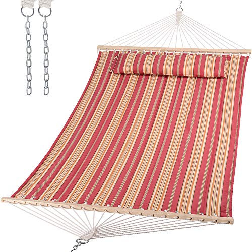 SUNCREAT Double Quilted Hammock with Hardwood Spreader Bar, Extra Large Soft Pillow, Heavy Duty 2 Person Hammock for Indoor, Outdoor (Red Stripes)