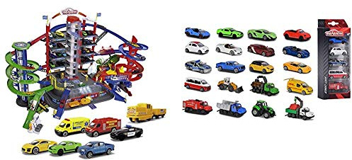 Majorette Super City Garage, motorisierte Bahn für Modellautos mit Parkplätzen und Eisenbahn, Parkhaus für Die-cast Autos & 5-Pieces, Miniaturfahrzeuge, 5er-Set, 4 versch. Ausführungen, 7,5cm