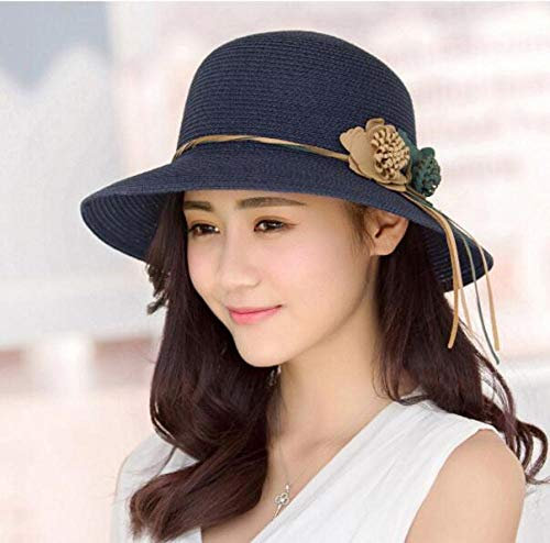 Sonnenhut Strohhut Hut Damen Sonnenhut Frauen Mit Breiter Krempe Blumenhüte Perlenblumen Floppy Visiere Weiblich Elegante Strandkappen Sonnenschutzhut-Dark_Blue