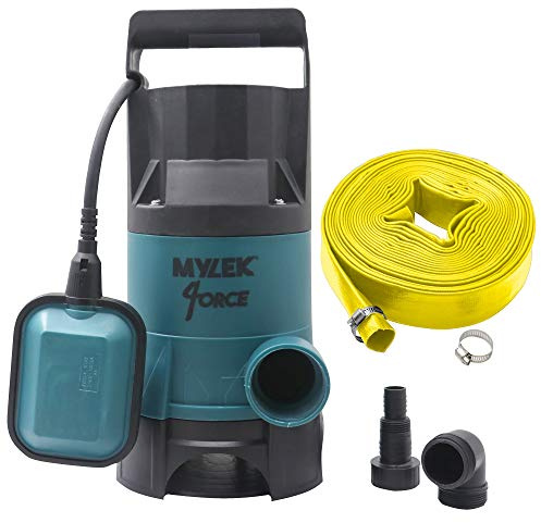 MYLEK Submersible Water Pump 750W Electric, 14000L/H, Heavy Duty 15m Layflat Hose for Clean or Dirty Water, Float Switch, 10M Power Cable - Floods, Pools, Gardens, Ponds, Hot Tubs