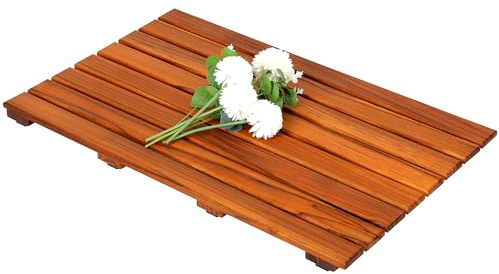VaeFae Teak-Badematte, rutschfest, wasserabweisend, 43.2 x 66 cm | Schnell trocknendes Latten-Design, Gummifüße, bodenschonend, geeignet für Innen- und Außenduschen
