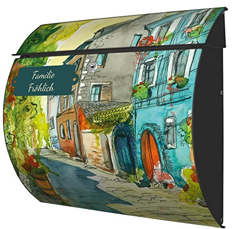 banjado® Burgwächter® Briefkasten anthrazit aus Stahl mit Motiv Historische Stadt/Briefkasten mit Namen personalisierbar/Briefkasten ohne Zeitungsfach mit Kippdach & Öffnungsstopp, 2 Schlüssel