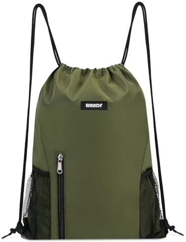 WANDF Mochila de cordón Bolsas de cuerdas repelente al agua Bolsa natación nylon para el gimnasio Compras Deporte Yoga（Verde oscuro）