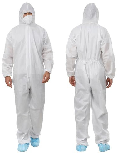 Greenour Hazmat Suits Pack of 12 Disposable Coveralls with Hood Breathable White SMS Painters Suit (Large)