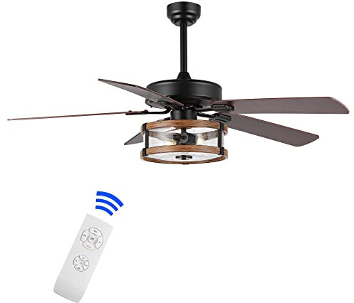 JONATHAN Y JYL9611A Joanna 52 2-Light Rustic Industrial Iron/Wood/Seeded Glass Mobile-App/Remote-Controlled LED Ceiling Fan Farmhouse, Modern, Mid-Century, Living Room, Kitchen, Black/Brown/Clear