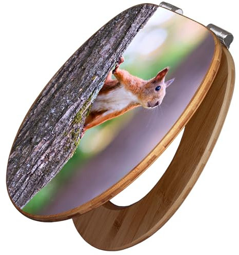 banjado Design WC Sitz Bambus Absenkautomatik 45,8x37,5cm / Toilettendeckel mit Absenkautomatik Holz/hochwertiger Bambus Klodeckel/WC-Sitz für gängigen Toiletten/Motiv Eichhörnchen