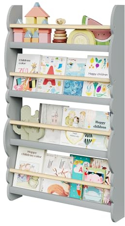 WOLTU Kinder Bücherregal Wand, Bücher-Organizer mit 4 Ablagen, Kinderregal für Buchaufbewahrung, Wandregal Kinderzimmer aus Kiefernholz E1 MDF, für Spielzimmer, Grau