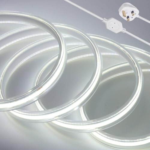 KISUFU Flexible LED Light Strip,360 LEDs/m IP65 Waterproof COB Light Strip,AC 220V LED High Voltage Rope Light,50CM Cuttable,Super Bright for Indoor and Outdoor Lighting Camping,Balcony (8m, White)