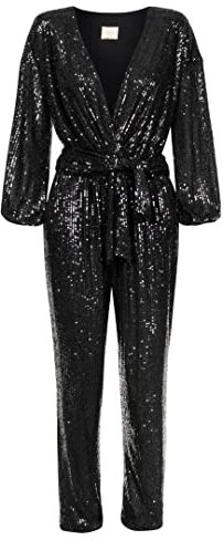 Swing Fashion Jumpsuit Damen Elegant | Festliches Party Glitzer Playsuit | Hosenanzug | Romper | Pailletten-Overall | V-Ausschnitt | Langarm | Schwarz | 36 (S)