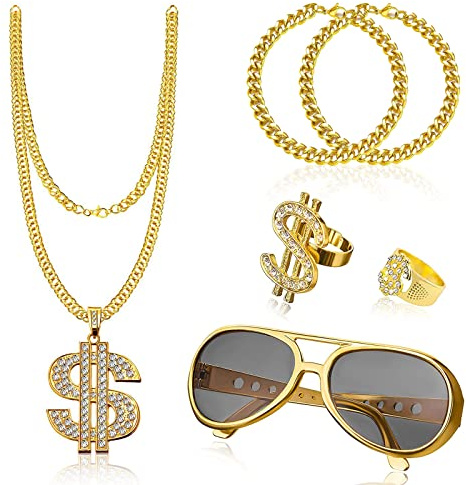 Idota 80er Jahre Outfit Herren 6 Stück Dollar Kette set, Goldene Dollar | Halskette für Fasching Karneval Kostüm Cosplay, Ring Retro Sonnenbrillen Armband Zuhälter Kostüm Hip Hop Accessories