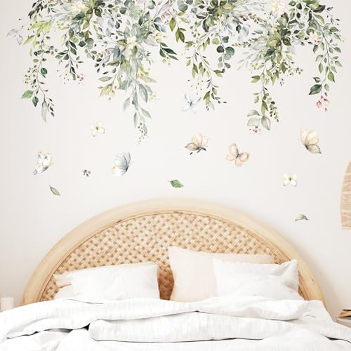 Tanlaby Grüne Pflanzen Wandtattoo Aquarell Blätter Wandaufkleber Große Florale Schmetterling Wandsticker Wanddeko für Schlafzimmer Wohnzimmer Sofa Hintergrund Wanddeko