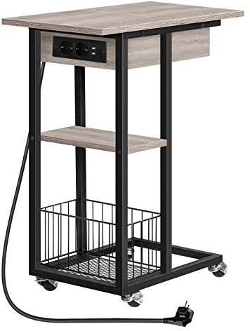 HOOBRO Tavolino con Stazione di Ricarica, con Ruote e Ripiani Portaoggetti, Tavolino a Forma di C, Porta USB e Presa, Tavolino da Divano per Soggiorno, Camera da Letto, Greige e Nero EBG022SF01