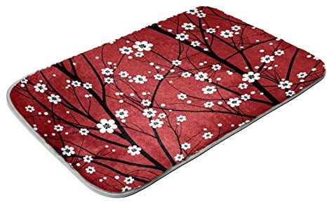 Kunstfell Teppich Shag Teppich Ultra Weich für Schlafzimmer Wohnzimmer Kirschbaum Äste Weiß Kleine Blumen Rot