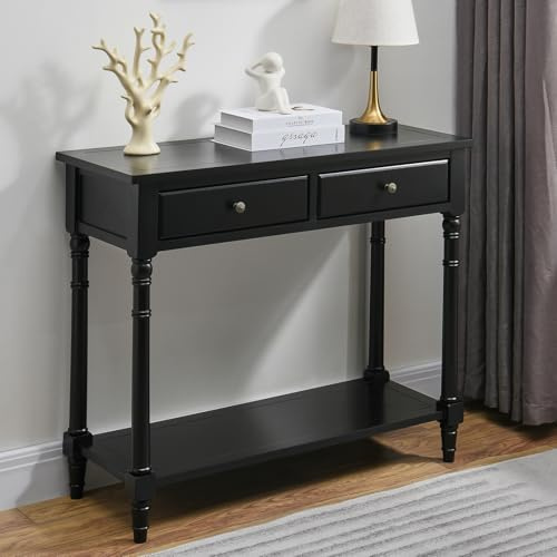 MODERION Konsolentisch aus Holz Massiv, Wohnzimmer-Beistelltisch mit 2 Schubladen Robust und Stabil, für Wohnzimmer, Flur, Schlafzimmer usw, 90 x 35 x 77 cm (B/T/H) (Schwarz)