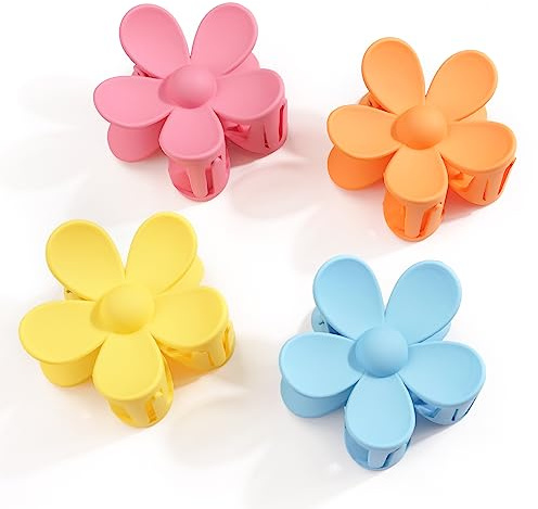 JOYOYO 4 pinzas para el pelo de flores para mujeres y niñas, pinzas de tamaño mediano para cabello grueso y fino, clips de flores ligeros de 3 pulgadas, colores brillantes
