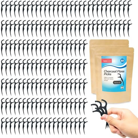 SOL 160pk Charcoal Floss Picks, Dental Harps Sticks for Toothpick Flossing and Cleaning Teeth, Removing Food and Reducing Plaque, Soothing and Gentle on Gums, Travel-Friendly Oral Health Care Solution