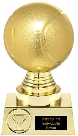 Tennis Pokal 16,5 cm - Matchball Gold Trophäe mit Wunschgravur & Emblem | Siegerpreis Award aus Kunststoff für Tennisturnier und Verein, Wanderpokal in Goldoptik, Inklusive individueller Gravur