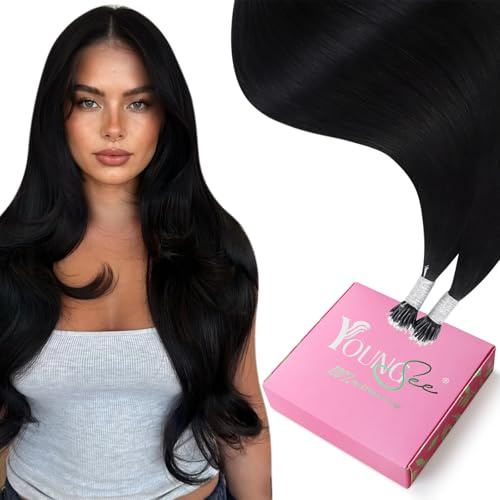 YoungSee Echthaar Extensions Nanoring Schwarz 45cm Nano Extensions Echthaar Schwarz Nanoring Extensions Echthaar 1g/s Cold Fusion Nanoring Extensions für Damen Remy Nano Ringe Haare 50g 1