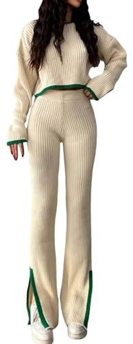 Kswlwccpp Strick Set Damen: Outdoor Kuschelig Weites Bein Langarm Strickset Jogginganzug Herbst Winter Elegant Strick Lounge Set Strickanzug Zweiteiler Warm Homewear Hausanzug