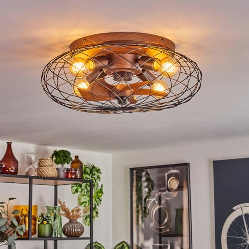 HOFSTEIN Deckenventilator Wemude, Ventilator aus Metall/Kunststoff in Schwarz/Holzoptik mit Fernbedienung u. Auf-/Abwind-Funktion, Deckenleuchte 4-flammig Ø 30 cm, 4 x E27, drei Stufen